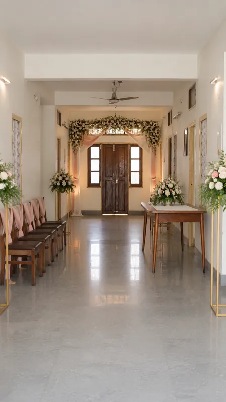 The hall aisle lined with flowers before a wedding